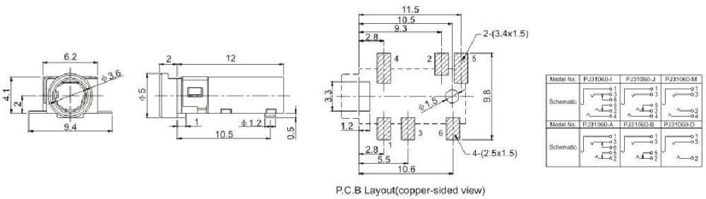 Female smt 3.5 stereo phone jack PJ31060