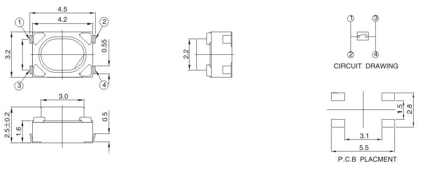 SMD Tact Switch 3.2*4.5*2.5mm PCB Mount Tactile Switches  TS-1909