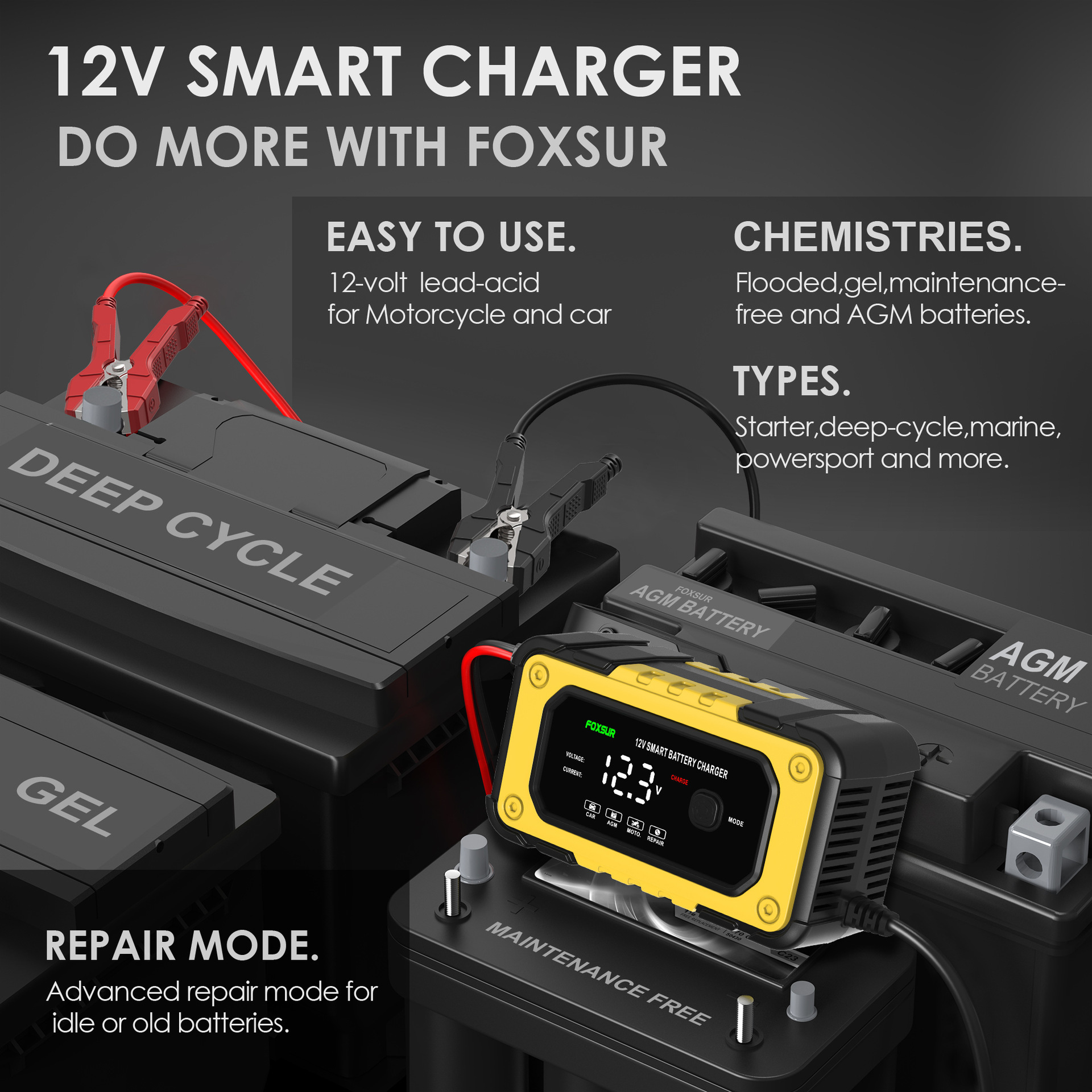 12V 6A Pulse Repair  Car Battery Charger 12V Maintainer & Desulfator Smart Battery Charger Foxsur