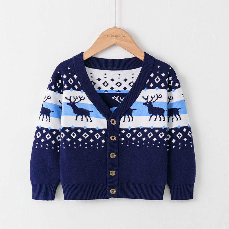 wholesale FNJIA children's Christmas sweater V-neck cotton yarn jacquard knit single-breasted Christmas cardigan kid's sweater