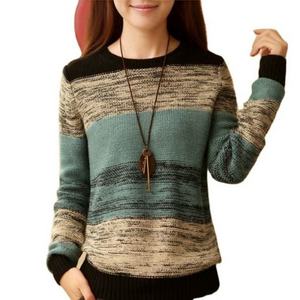 Custom logo knitted women's sweaters Classic ladies crew neck striped jumper pullover plus size sweater for women