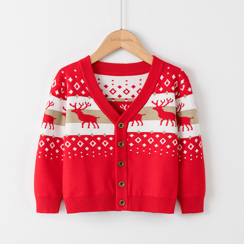 wholesale FNJIA children's Christmas sweater V-neck cotton yarn jacquard knit single-breasted Christmas cardigan kid's sweater