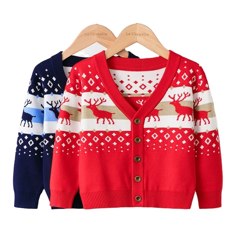 wholesale FNJIA children's Christmas sweater V-neck cotton yarn jacquard knit single-breasted Christmas cardigan kid's sweater