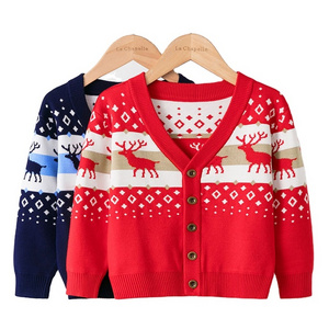 wholesale FNJIA children's Christmas sweater V-neck cotton yarn jacquard knit single-breasted Christmas cardigan kid's sweater