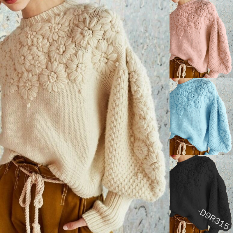 Custom FNJIA Fashion Pullover Women's Sweater Round Neck lantern sleeves Warm Knitted Embroidered Sweater