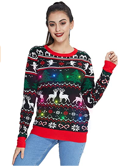 Custom FNJIA Unisex Christmas Sweater Ugly Pullover Top Casual Acrylic knit Jacquard christmas sweater with led lights