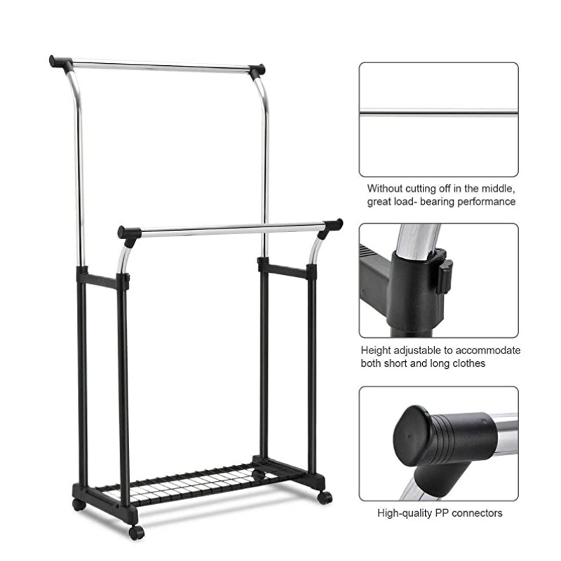 Cloth hanger stand wholesale clothing display racks High quality rolling Adjustable Rolling Metal Clothes Rack with chrome