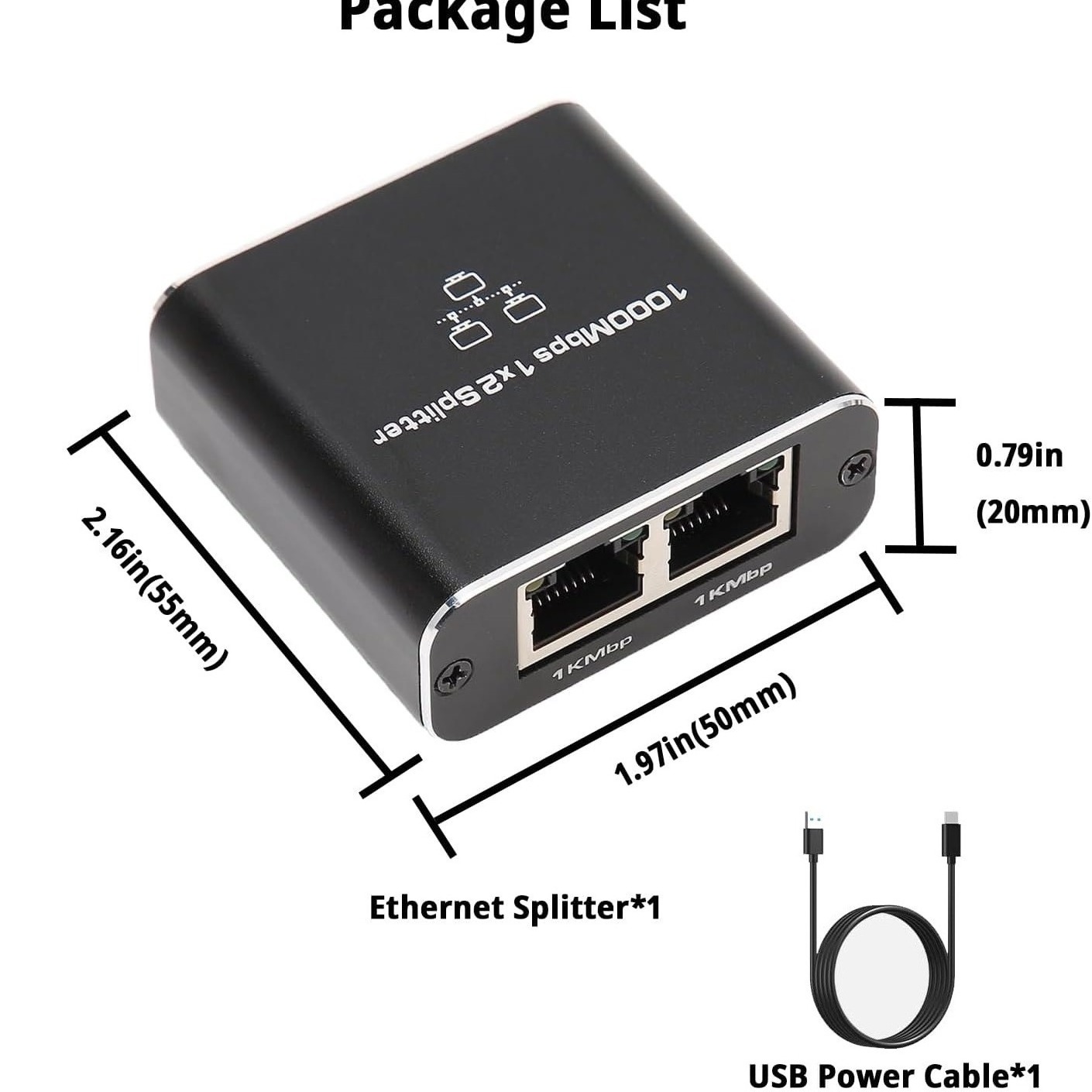 1000Mbps RJ45 Ethernet Splitter 100Mbps Ethernet Splitter 1 to 2 Network Extension Connector with USB Power Cable