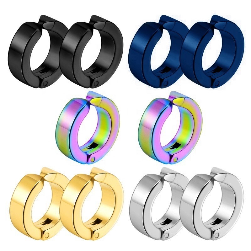 stainless steel no ear hole ear clip for men handwork polished plain design circle hoop earrings