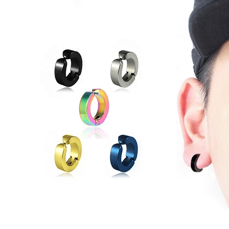 stainless steel no ear hole ear clip for men handwork polished plain design circle hoop earrings