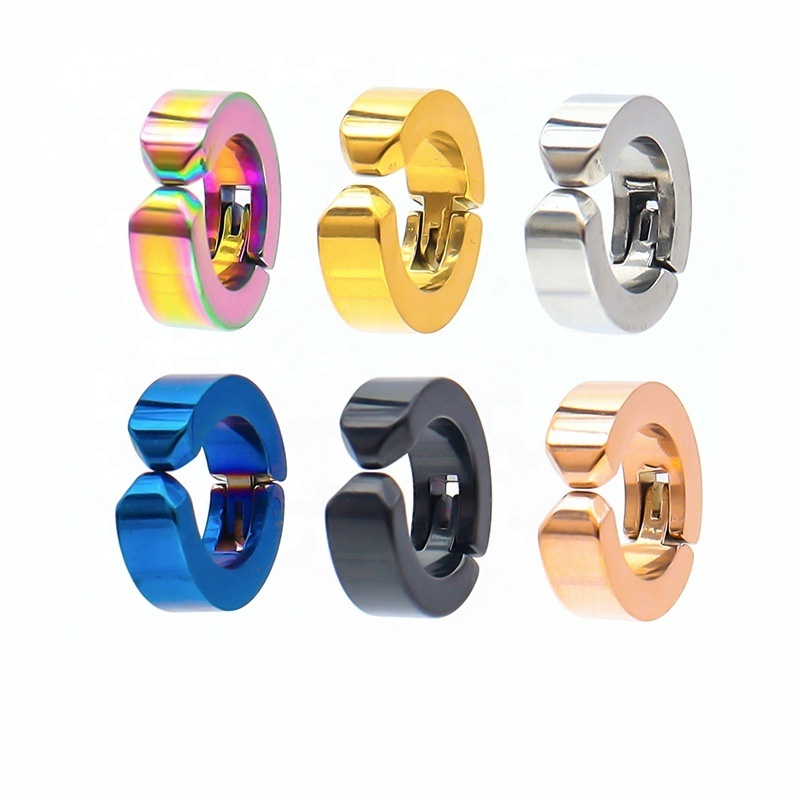 stainless steel no ear hole ear clip for men handwork polished plain design circle hoop earrings