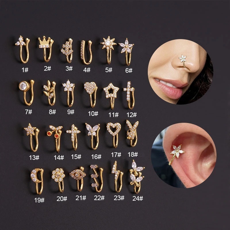 Hot Sales None Piercing Nose Jewelry U Shape Nose Rings Stud Flower CZ Snowflake Butterfly Indian Nose Stud