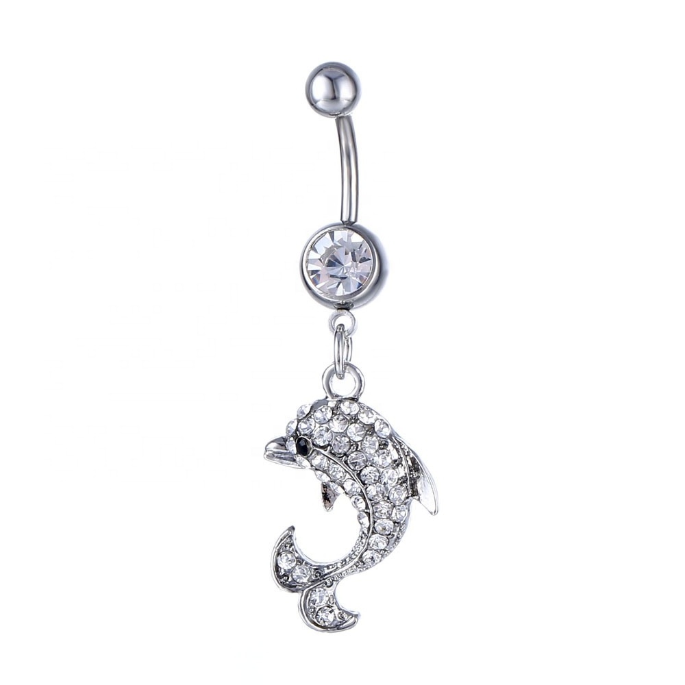 Sexy Belly Piercing Navel Piercing Rings Dangle CZ Crystal Dolphin Belly Button Ring