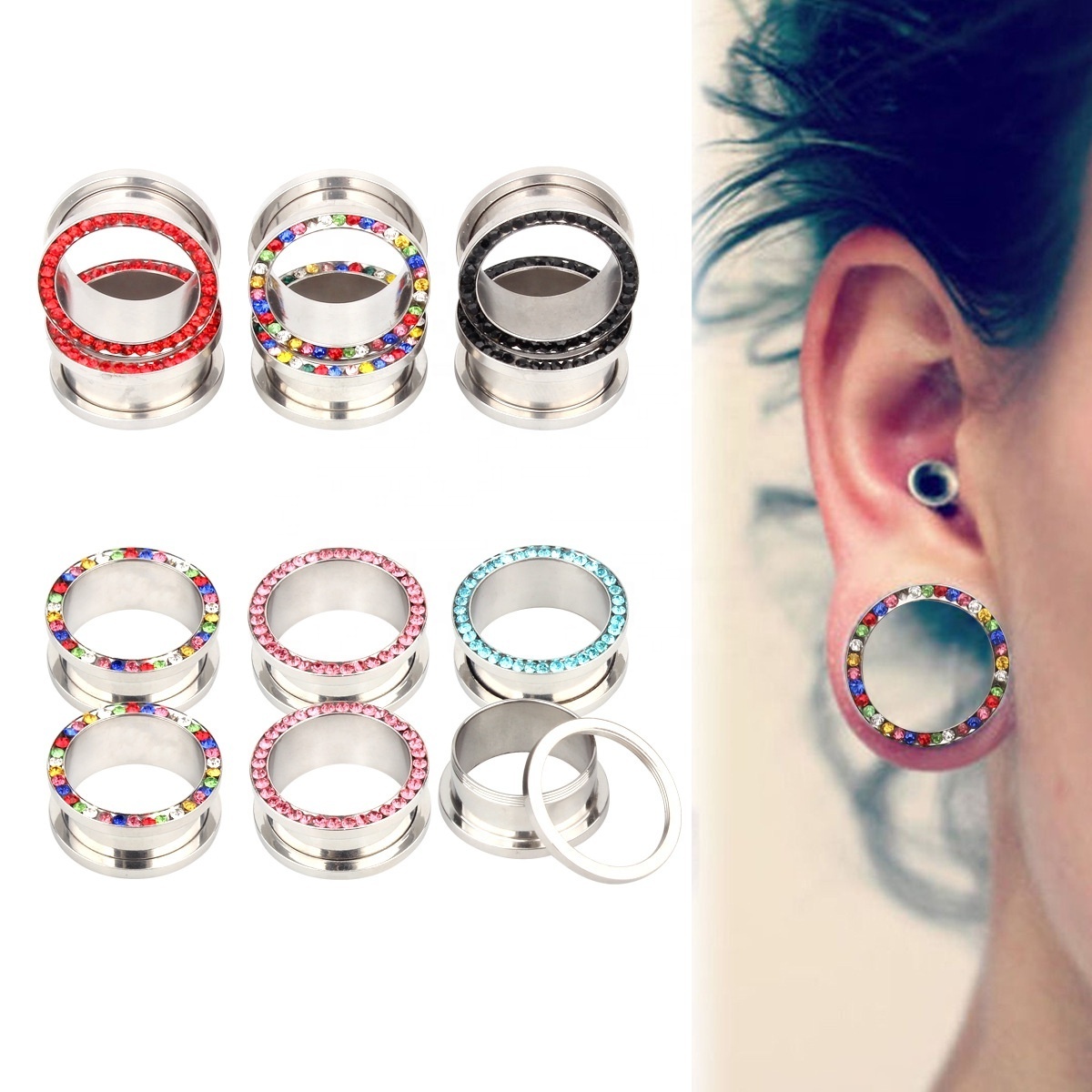 Fashion Stainless Steel Screwed Ear Plugs Tunnels with Rhinestone Earring Jewelry Ear Gauges Piercing Jewelry