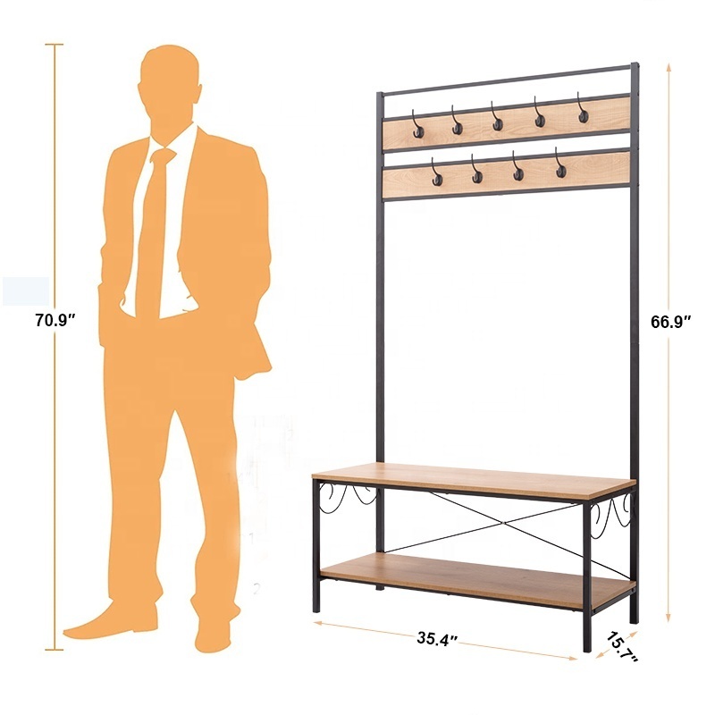 3 In 1 Coat Rack Shoe Bench Clothes Stand With Stable Metal Frame Coat Rack With Shoe Bench