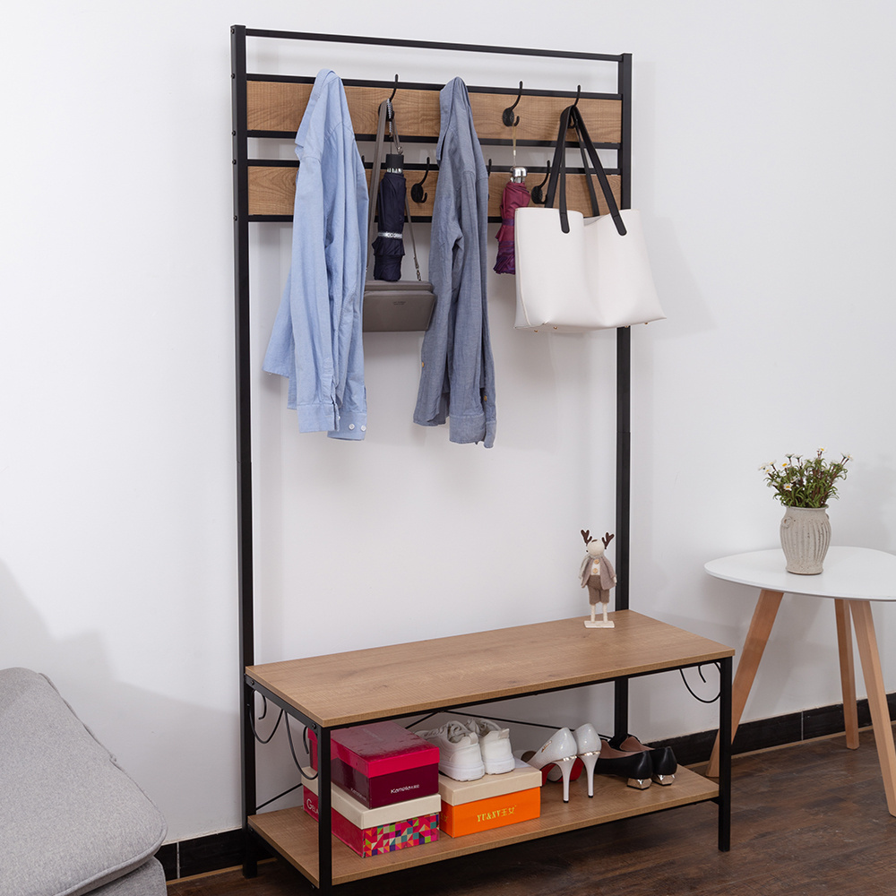 GMJ Hall Entrance Industrial Style Wood Clothes Hanger Stand Metal Wood Coat Rack With Shoe Bench Portable Coat Rack