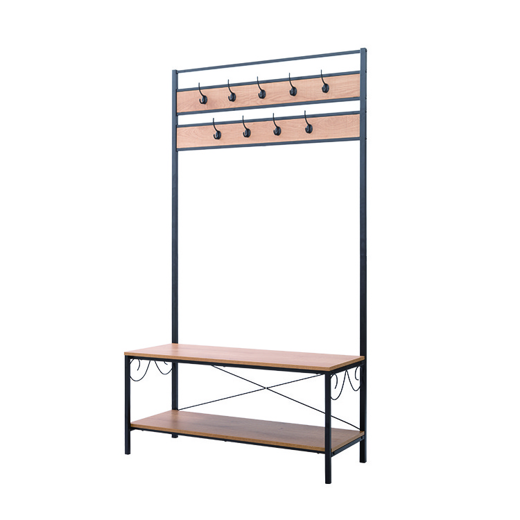 GMJ Hall Entrance Industrial Style Wood Clothes Hanger Stand Metal Wood Coat Rack With Shoe Bench Portable Coat Rack