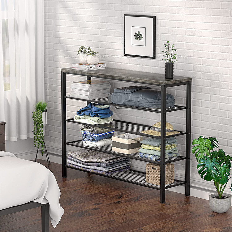 Industrial Shoe Storage Organizer, Large 5-Tier Metal Shoe Rack Shelves with Wood Board, Entryway Table for Hallway Shoe Storage