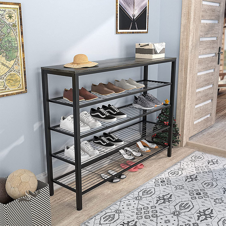 Industrial Shoe Storage Organizer, Large 5-Tier Metal Shoe Rack Shelves with Wood Board, Entryway Table for Hallway Shoe Storage