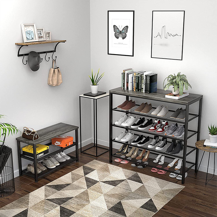 Industrial Shoe Storage Organizer, Large 5-Tier Metal Shoe Rack Shelves with Wood Board, Entryway Table for Hallway Shoe Storage