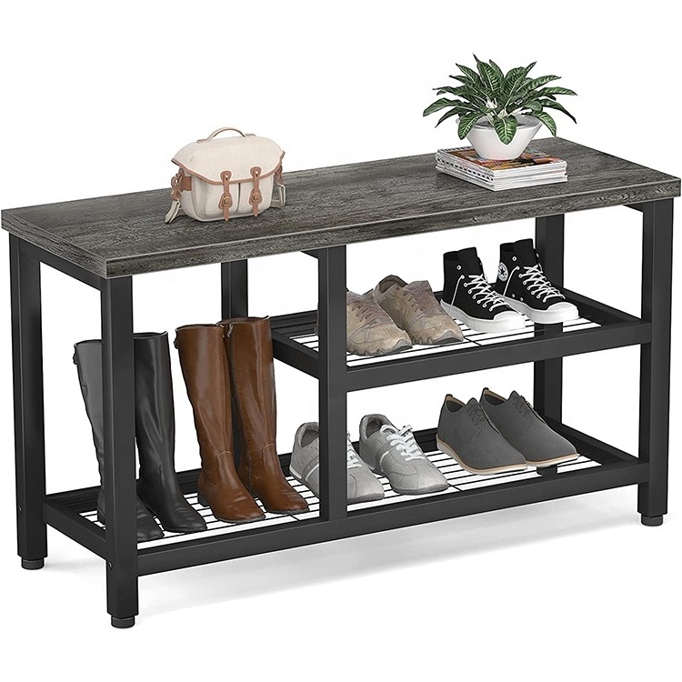 Industrial 2 Tier Shoe Rack and coat rack ,Metal And Wooden  multifunctional coat and shoe rack