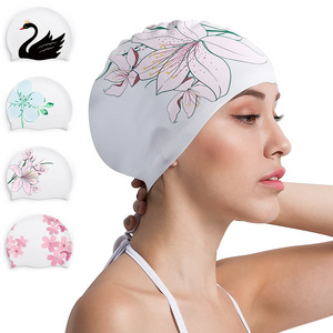 best custom screen printing logo fashuonal silicone swimming caps for long hair women high elasticity flower print swim cap