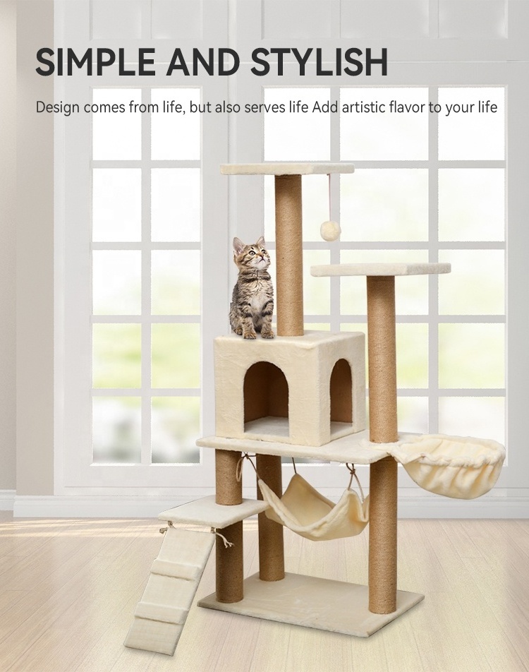 Manufacturer Wholesale Sisal Short Plush Stable Cat Tree With Hammock Ladder