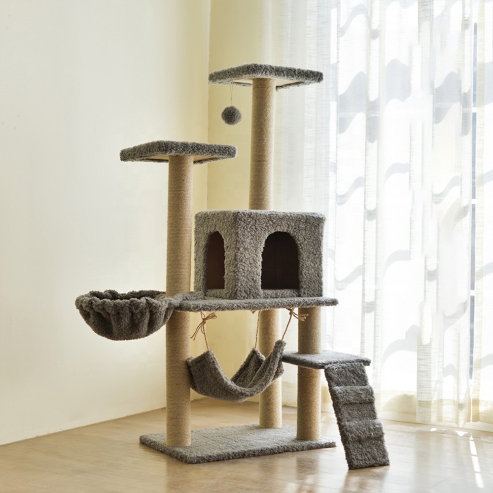 Manufacturer Wholesale Sisal Short Plush Stable Cat Tree With Hammock Ladder