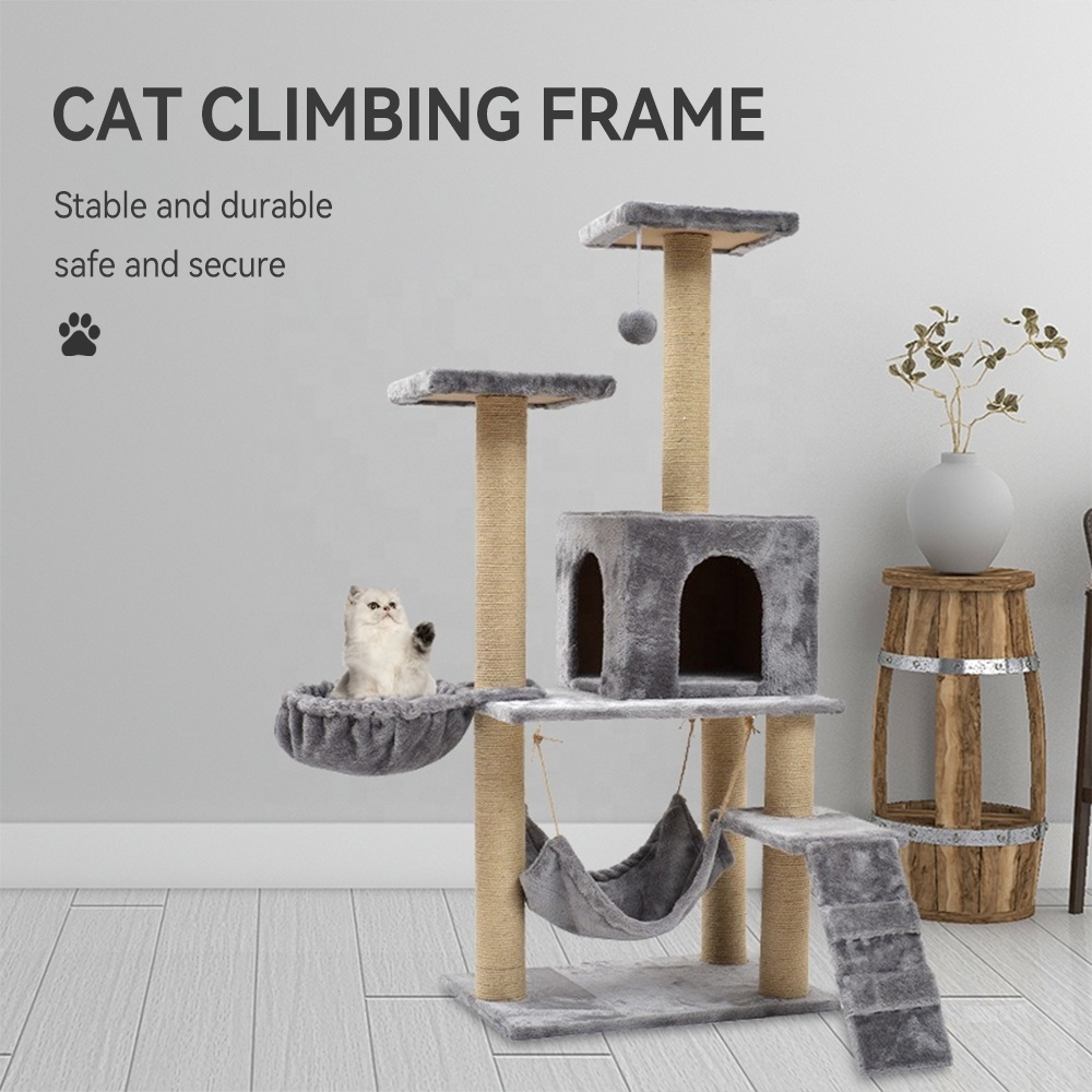 Manufacturer Wholesale Sisal Short Plush Stable Cat Tree With Hammock Ladder