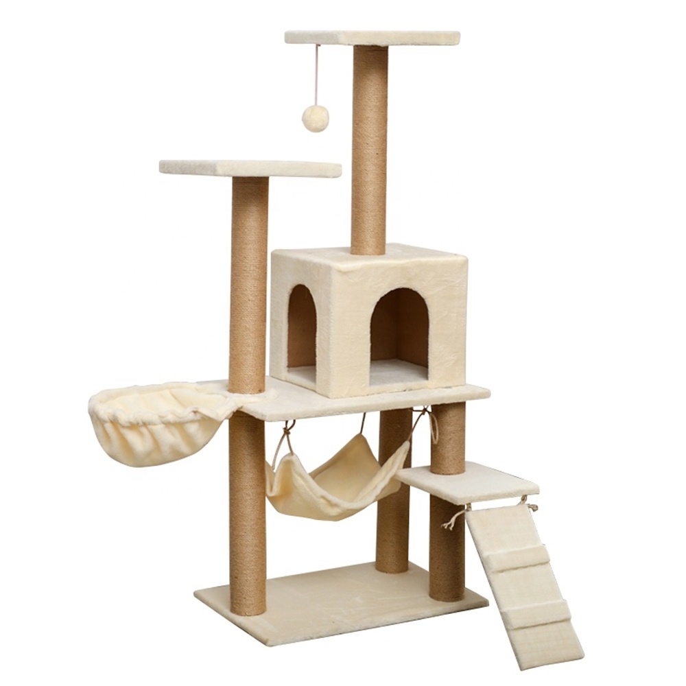 Manufacturer Wholesale Sisal Short Plush Stable Cat Tree With Hammock Ladder