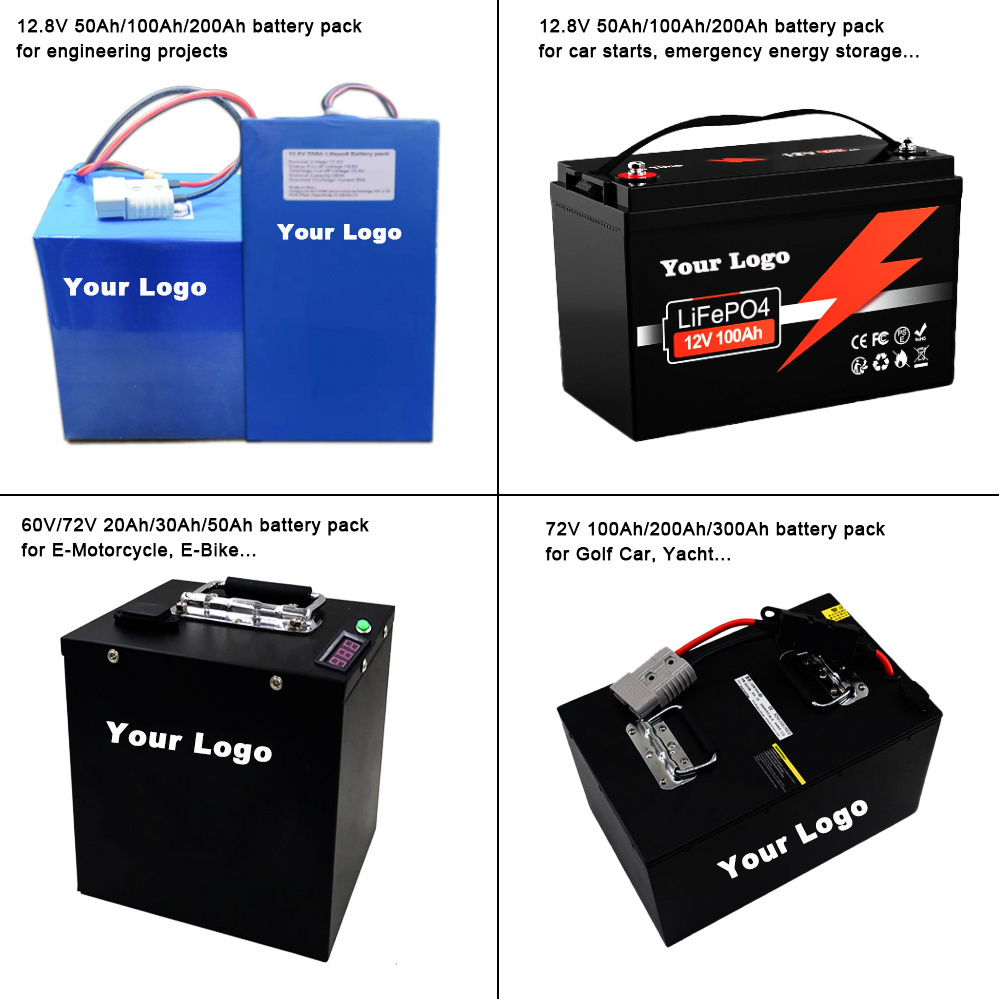 Custom Rechargeable 12v 12.8V 24V 48v 50Ah 100Ah 200Ah Golf Cart motorcycle car lifepo4 battery packs lithium ion batteries