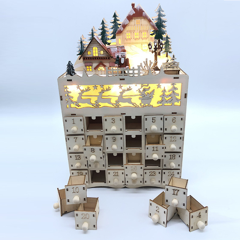 Handmade Artistic Wooden Advent Calendar with LED Lights 24 Storage Drawers for Christmas Countdown Decoration Love Theme