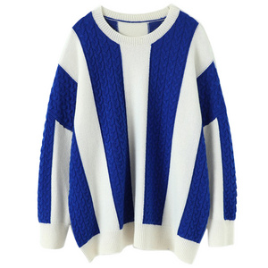 Guoou Vintage blue and white striped twist O-neck women's winter new women cashmere sweater loose