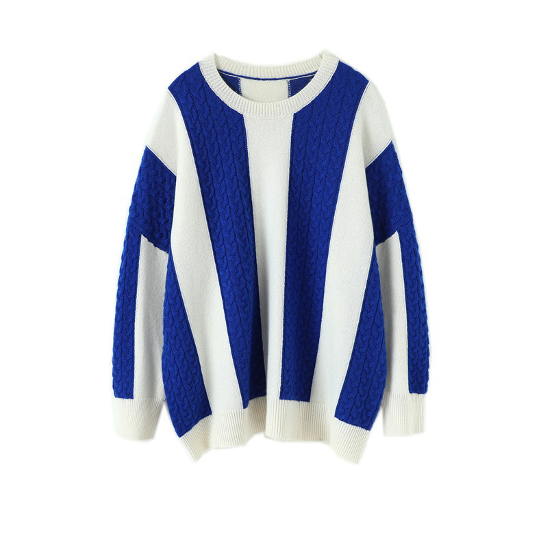 Guoou Vintage blue and white striped twist O-neck women's winter new women cashmere sweater loose