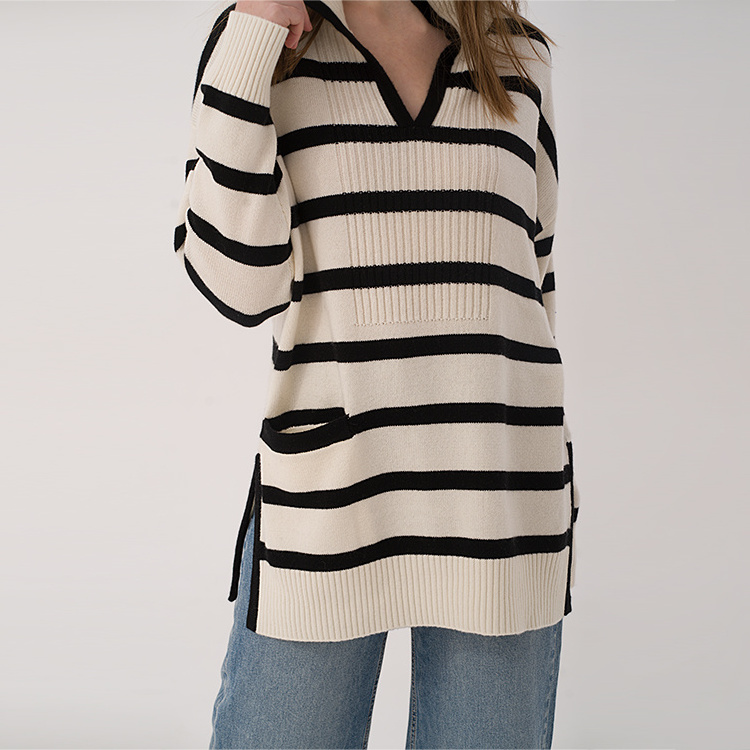 2023 Custom Classical  Stripe Oversize Loose Pullovers Jumper Knitted Wool Sweater Women