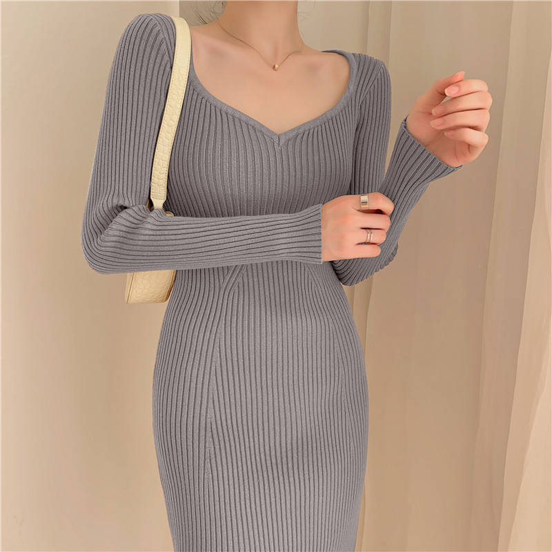 Guoou Autumn winter new peach collar French slim knit dress women's long sweater skirt skirt over the knee knit dress