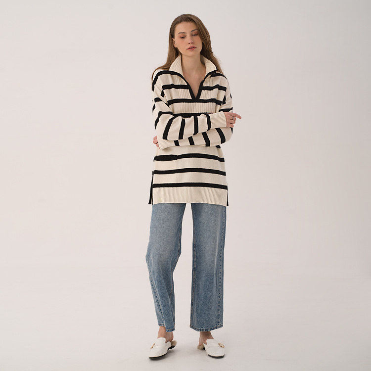 2023 Custom Classical  Stripe Oversize Loose Pullovers Jumper Knitted Wool Sweater Women