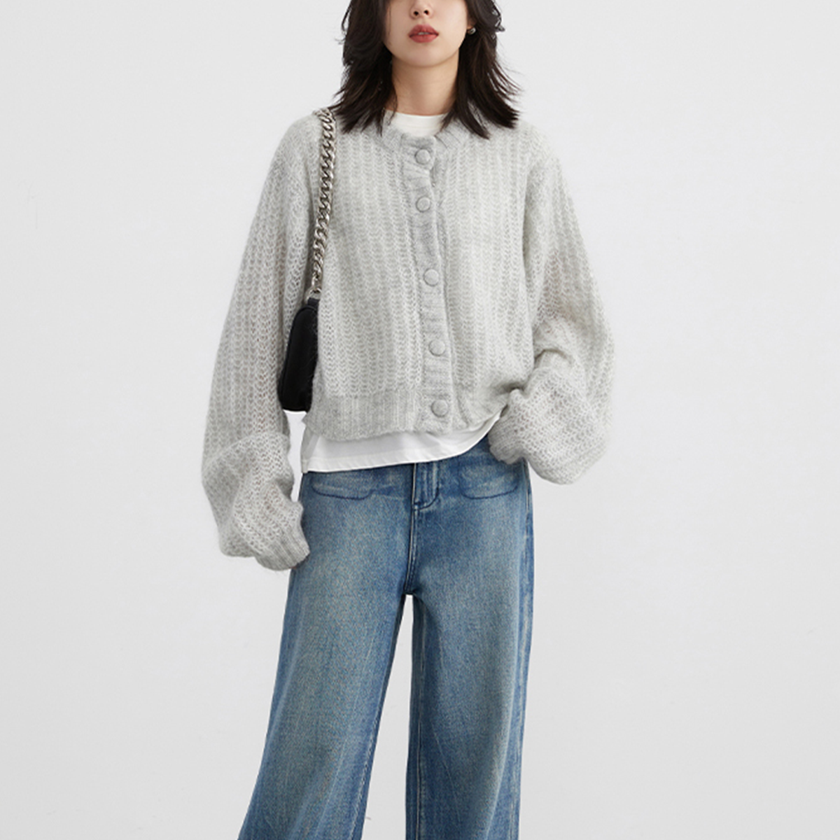 New Puff Sleeve Long Sleeve Knitted Mohair Sweater Mohair Cardigan Button Knitted Crop Cardigan Women