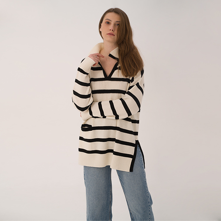 2023 Custom Classical  Stripe Oversize Loose Pullovers Jumper Knitted Wool Sweater Women