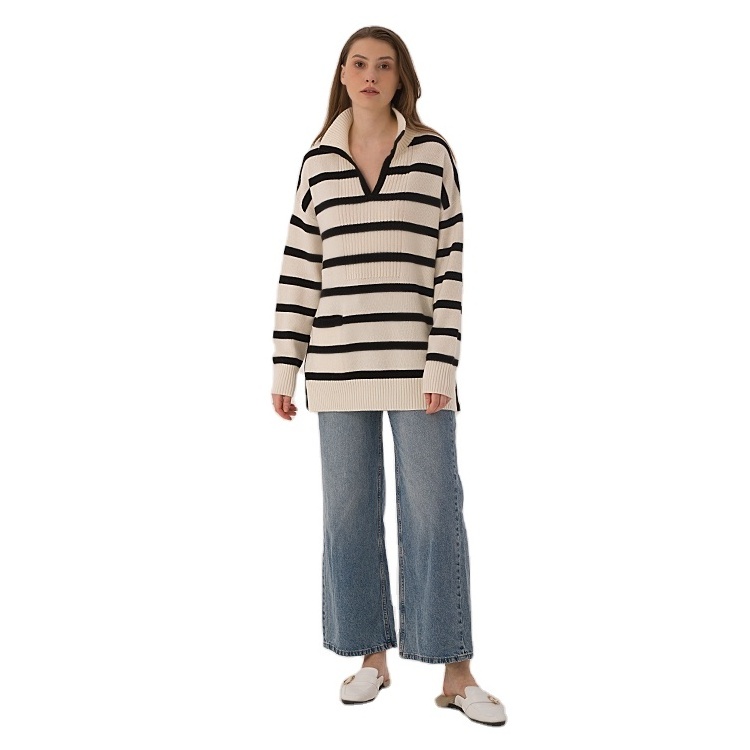 2023 Custom Classical  Stripe Oversize Loose Pullovers Jumper Knitted Wool Sweater Women