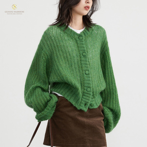 New Puff Sleeve Long Sleeve Knitted Mohair Sweater Mohair Cardigan Button Knitted Crop Cardigan Women