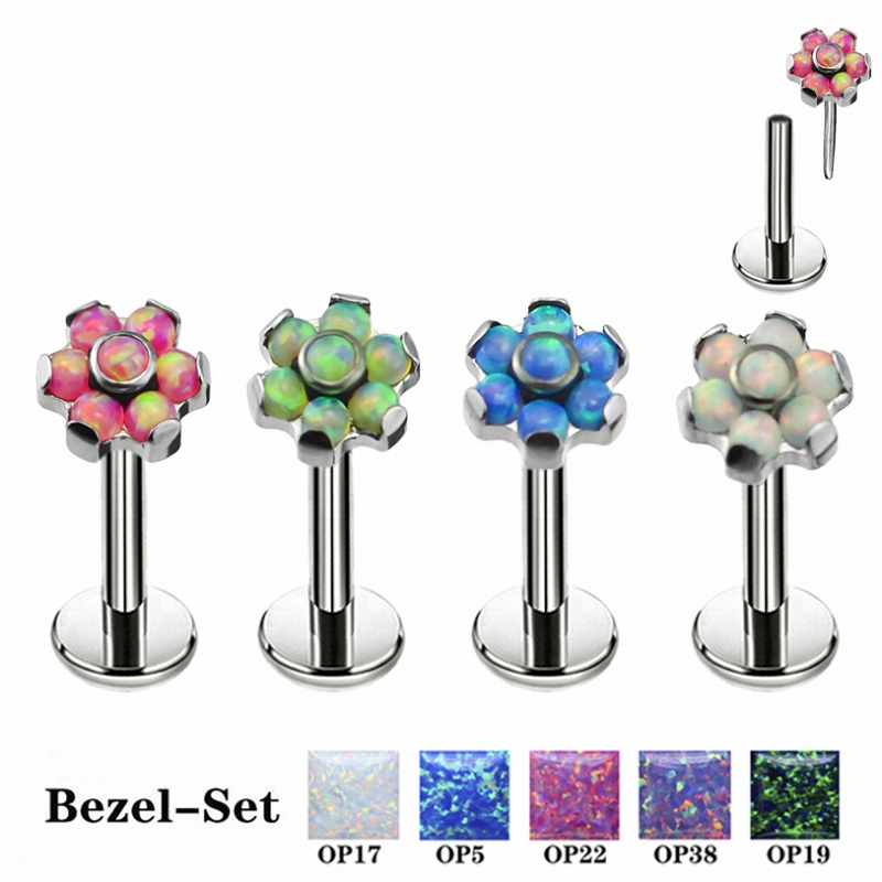 G23 Threadless Labret Push Pin 14G 16G 18G Bezel Set Clear CZ Opal Stone Flower Labret Earring Nose Ring