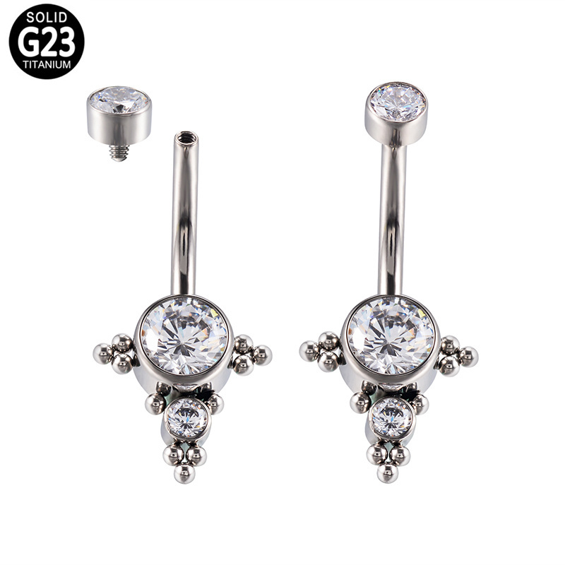 GZN Female Navel Rings Belly Button Ring Nailing Catch Zircons Threaded Stud Piercing Belly Jewelry ASTM F136 Titanium for Women