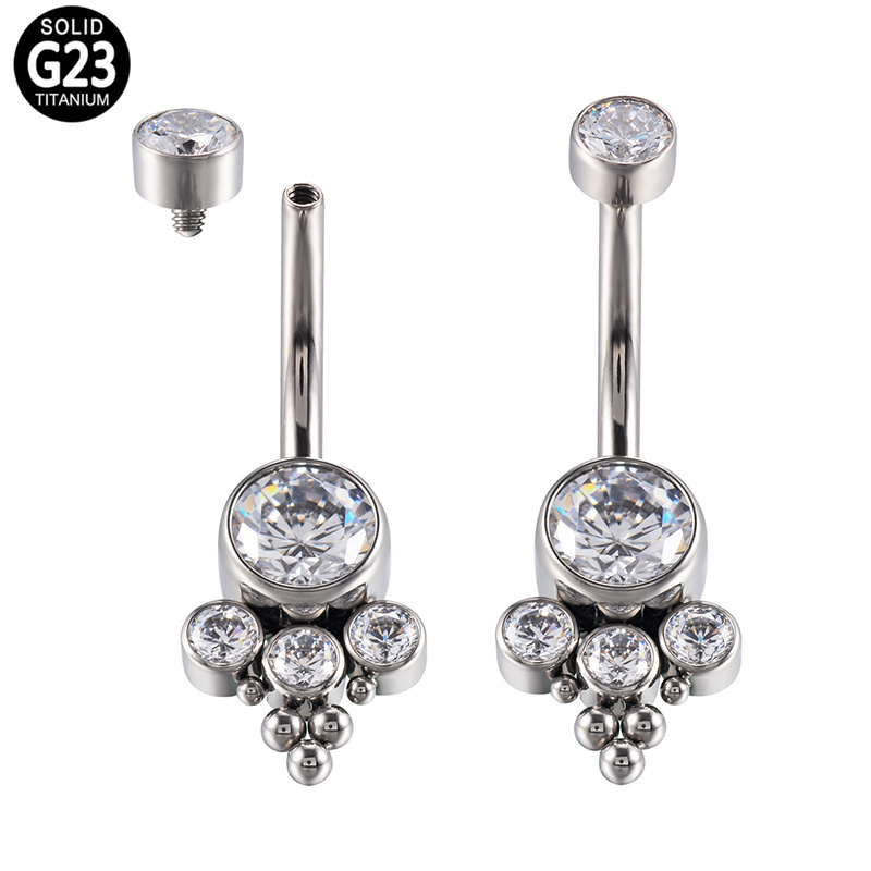 GZN Female Navel Rings Belly Button Ring Nailing Catch Zircons Threaded Stud Piercing Belly Jewelry ASTM F136 Titanium for Women