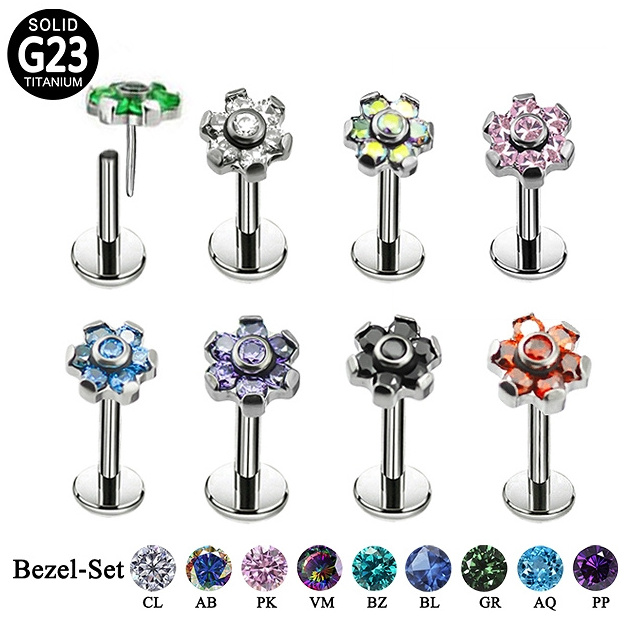 G23 Threadless Labret Push Pin 14G 16G 18G Bezel Set Clear CZ Opal Stone Flower Labret Earring Nose Ring