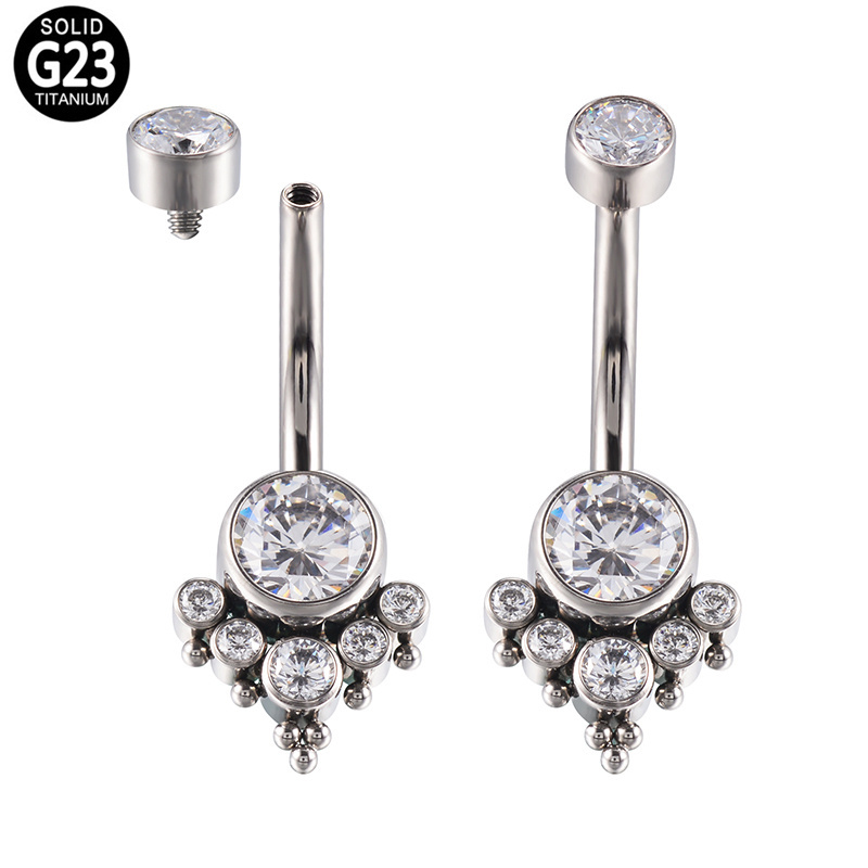 GZN Female Navel Rings Belly Button Ring Nailing Catch Zircons Threaded Stud Piercing Belly Jewelry ASTM F136 Titanium for Women