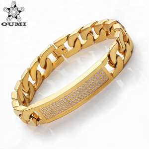 OUMI New Mens Two Line Big Thick Bracelet Gold Plated Stainless Steel CNC Zircon Stone 18k Yellow Italian Charm Bracelet CN;GUA