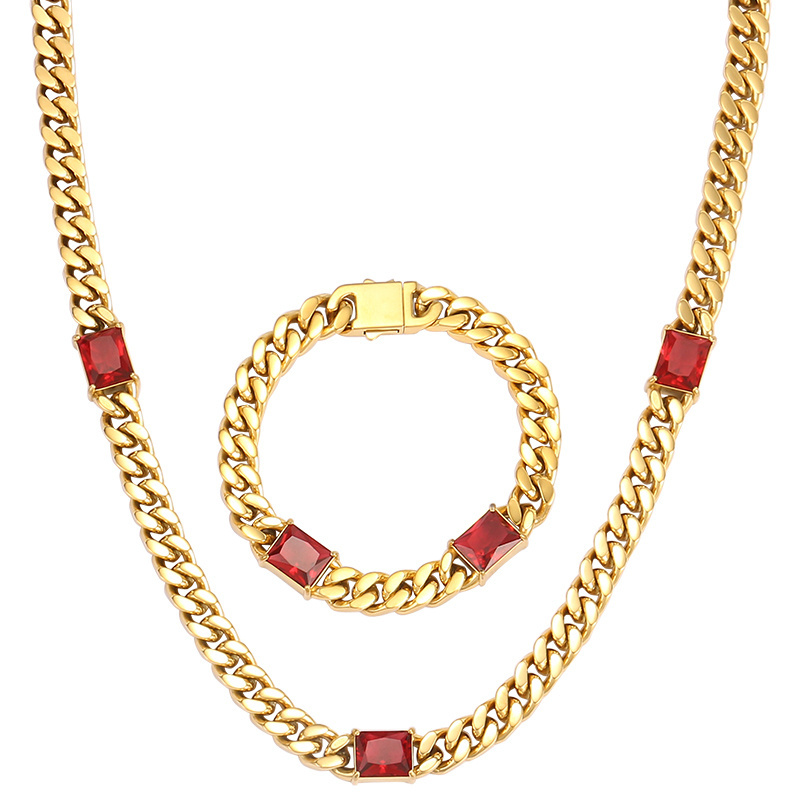 OUMI Jewelry Stock Sale 8/10/12/14mm Stainless Steel Cuban link 18K Gold Plated Chain Red Stone Cuban Chain Necklace