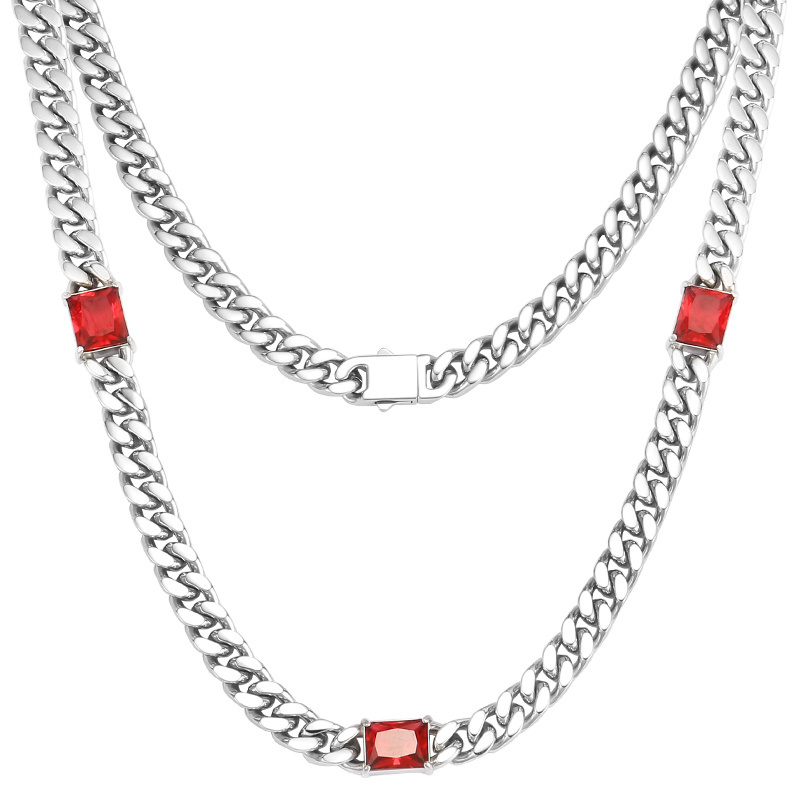 OUMI Jewelry Stock Sale 8/10/12/14mm Stainless Steel Cuban link 18K Gold Plated Chain Red Stone Cuban Chain Necklace