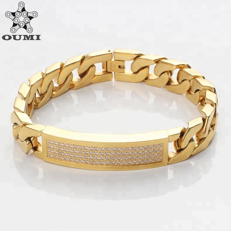 OUMI New Mens Two Line Big Thick Bracelet Gold Plated Stainless Steel CNC Zircon Stone 18k Yellow Italian Charm Bracelet CN;GUA